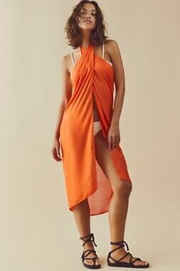Free People Island Time Sarong Cover-Up Tasseled Reddish Orange One Size New